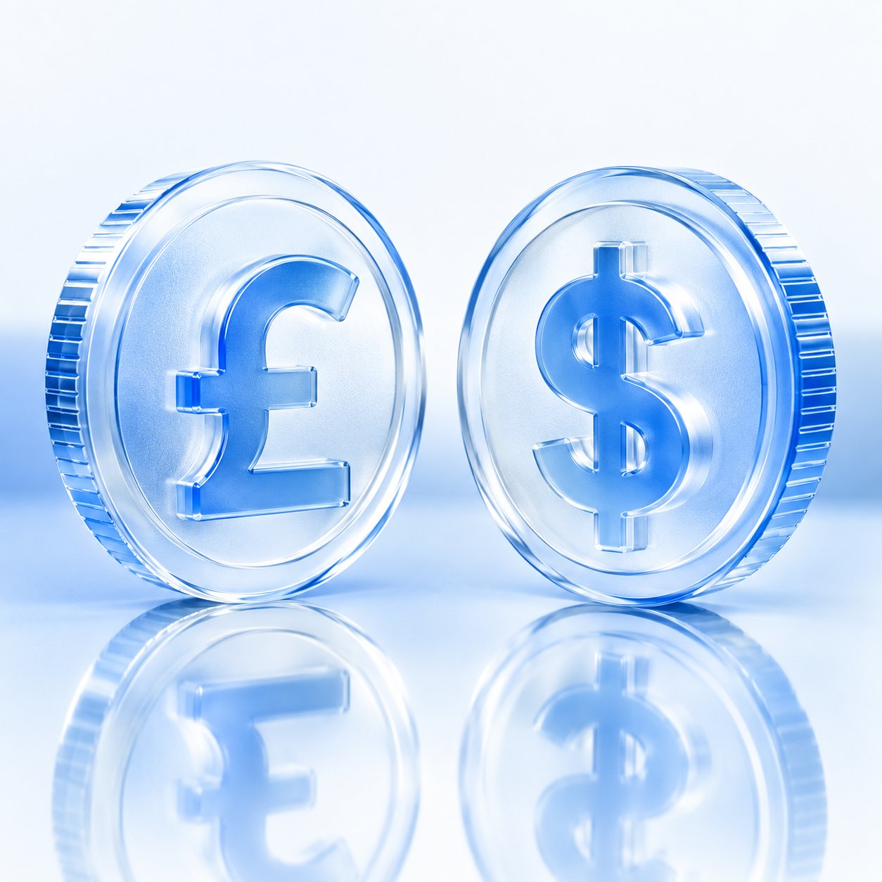 British pound coin and a us dollar coin facing each other on a reflective surface
