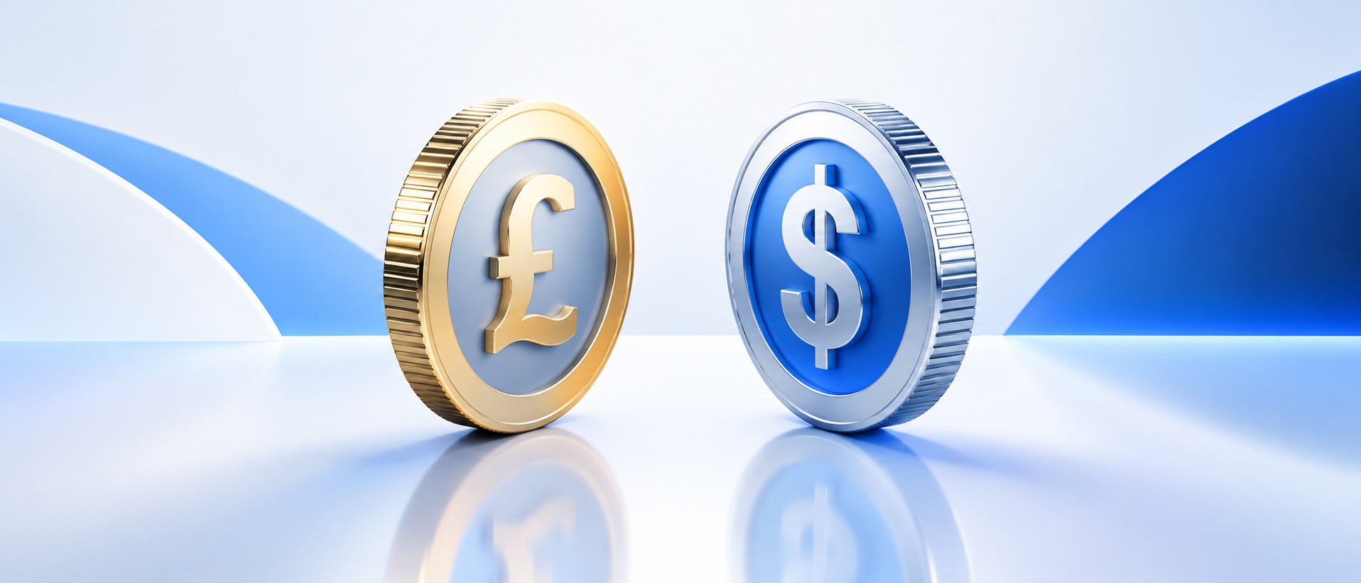 British pound coin and a us dollar coin facing each other on a reflective surface