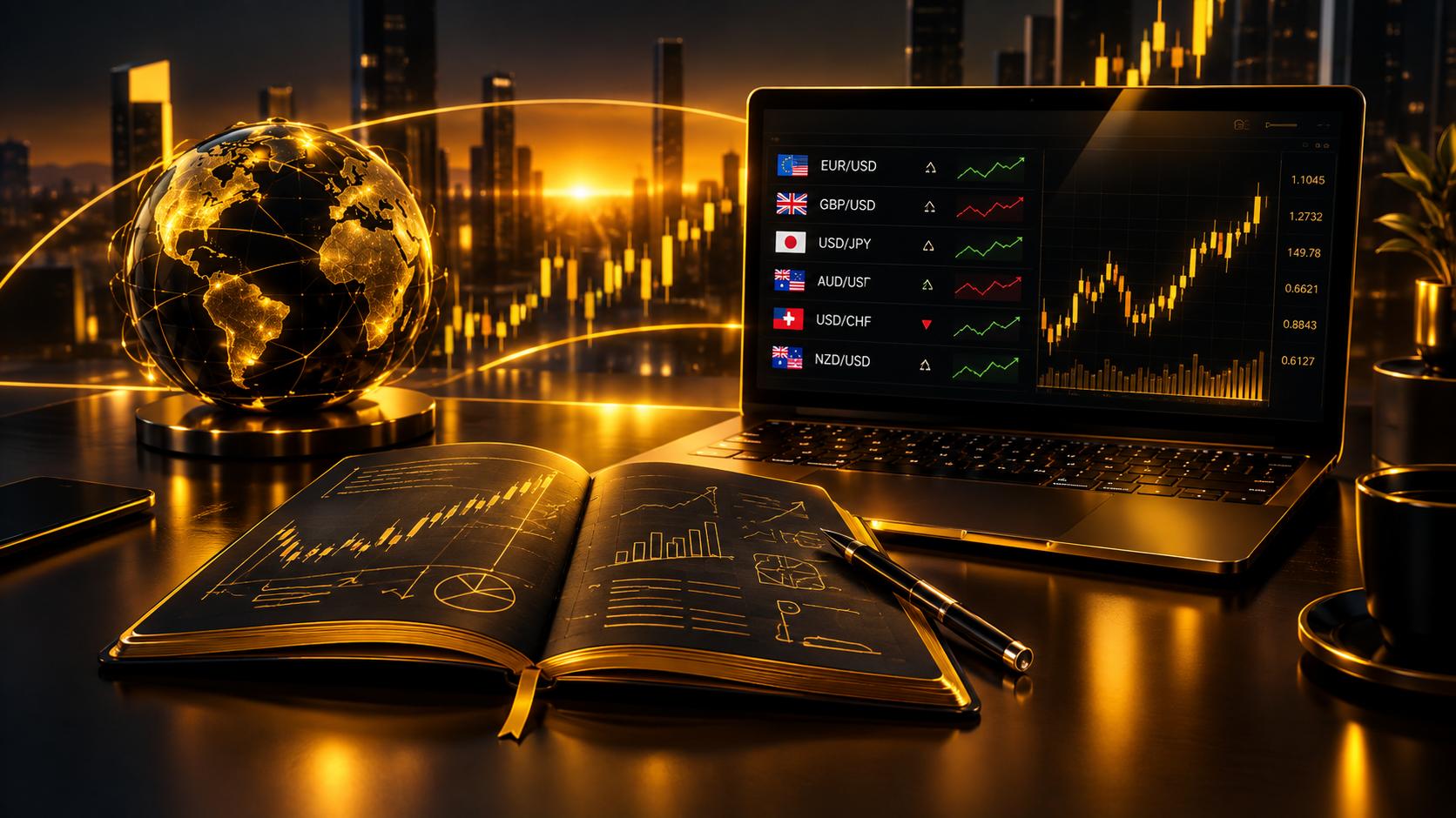 Open notebook with chart sketches beside a laptop showing currency pairs