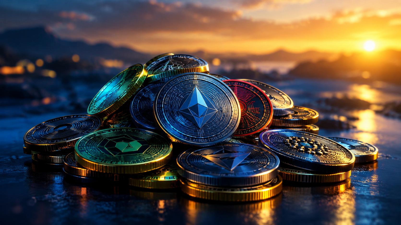 Pile of assorted generic cryptocurrency coins with abstract engraved patterns