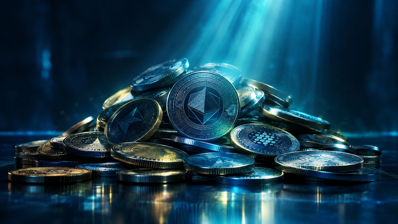 Pile of assorted generic cryptocurrency coins with abstract engraved patterns