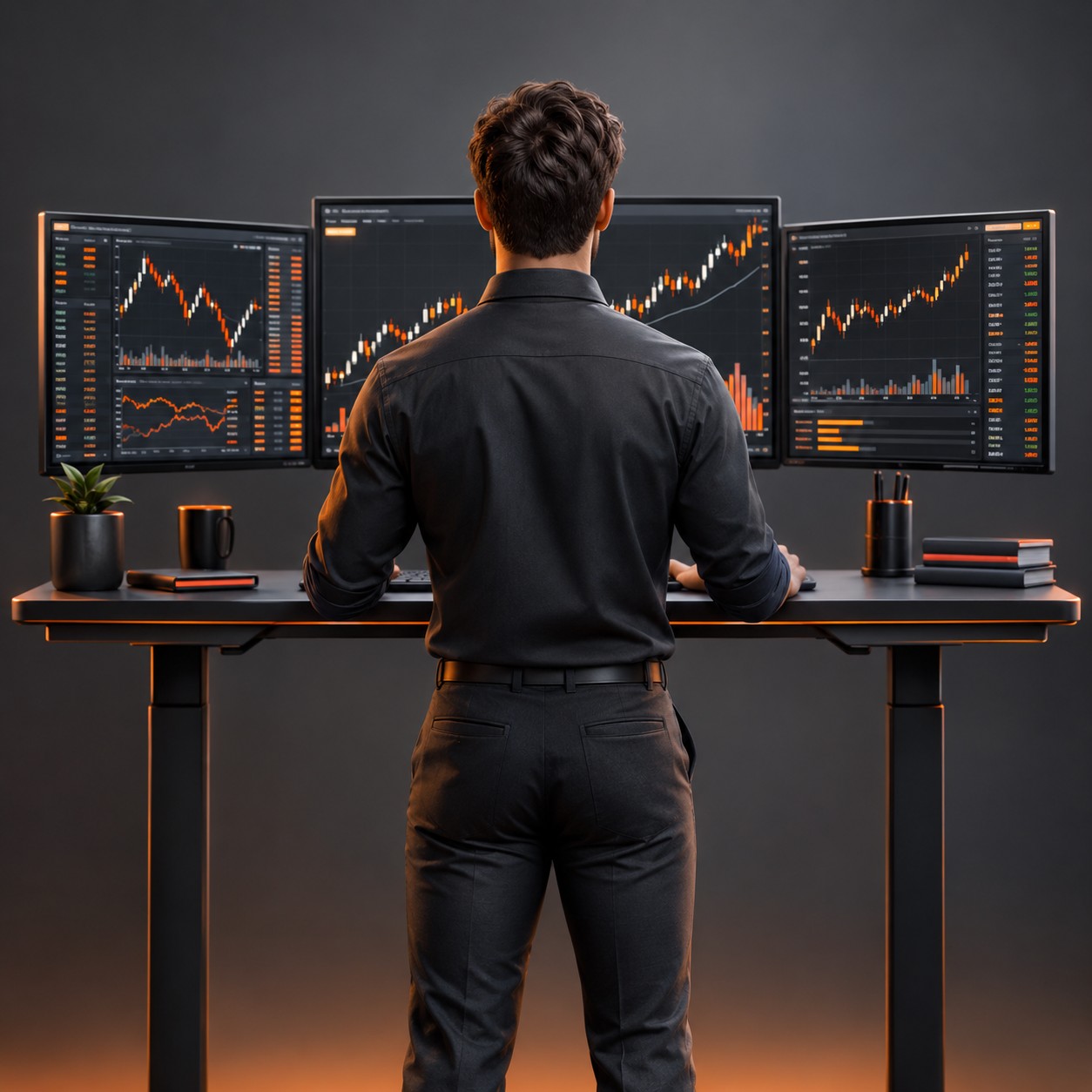 Investor at a standing desk watching fast moving intraday stock charts